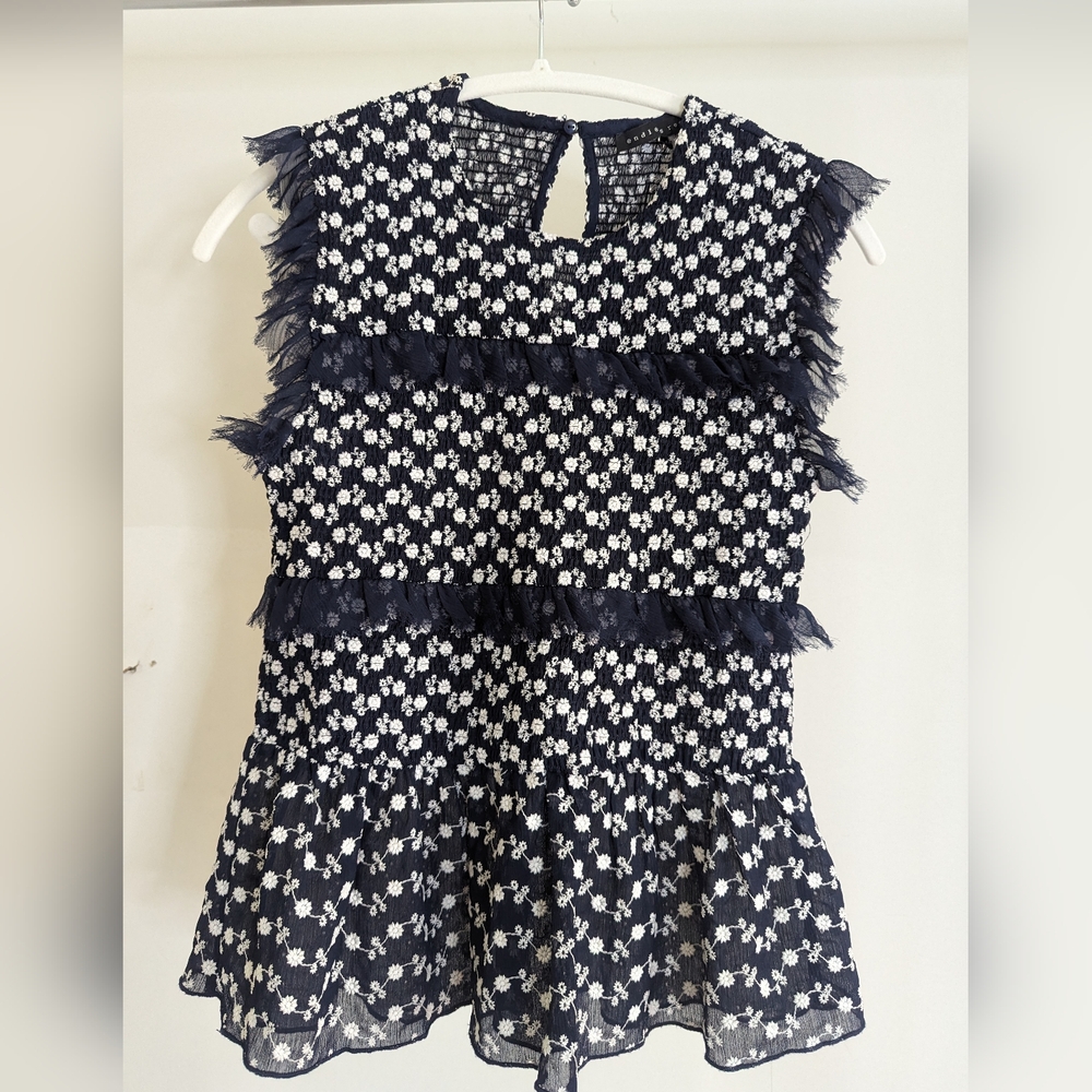 Navy blue embroidered smocked top